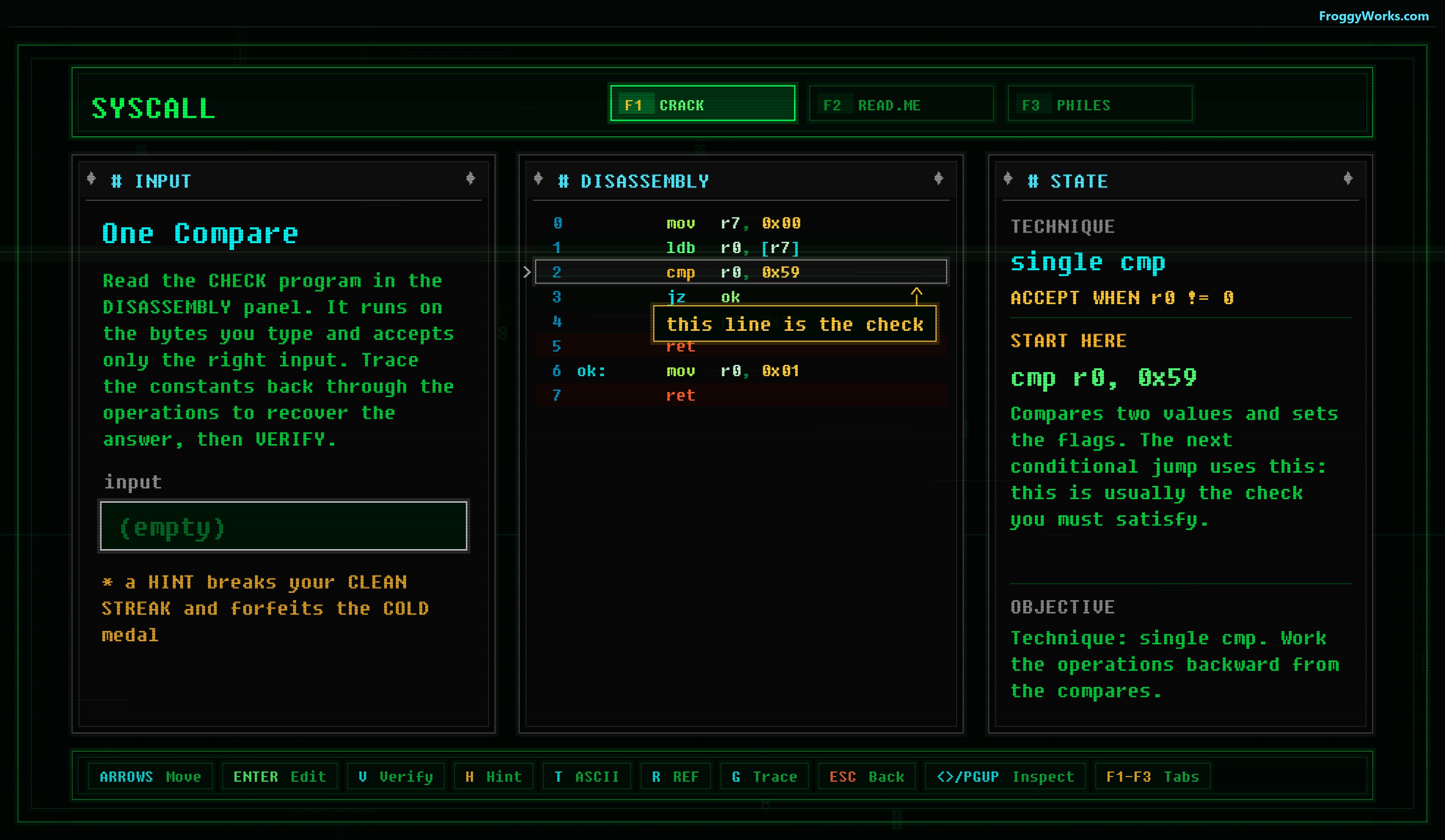 The CRACK workspace, showing the input, disassembly, and machine state