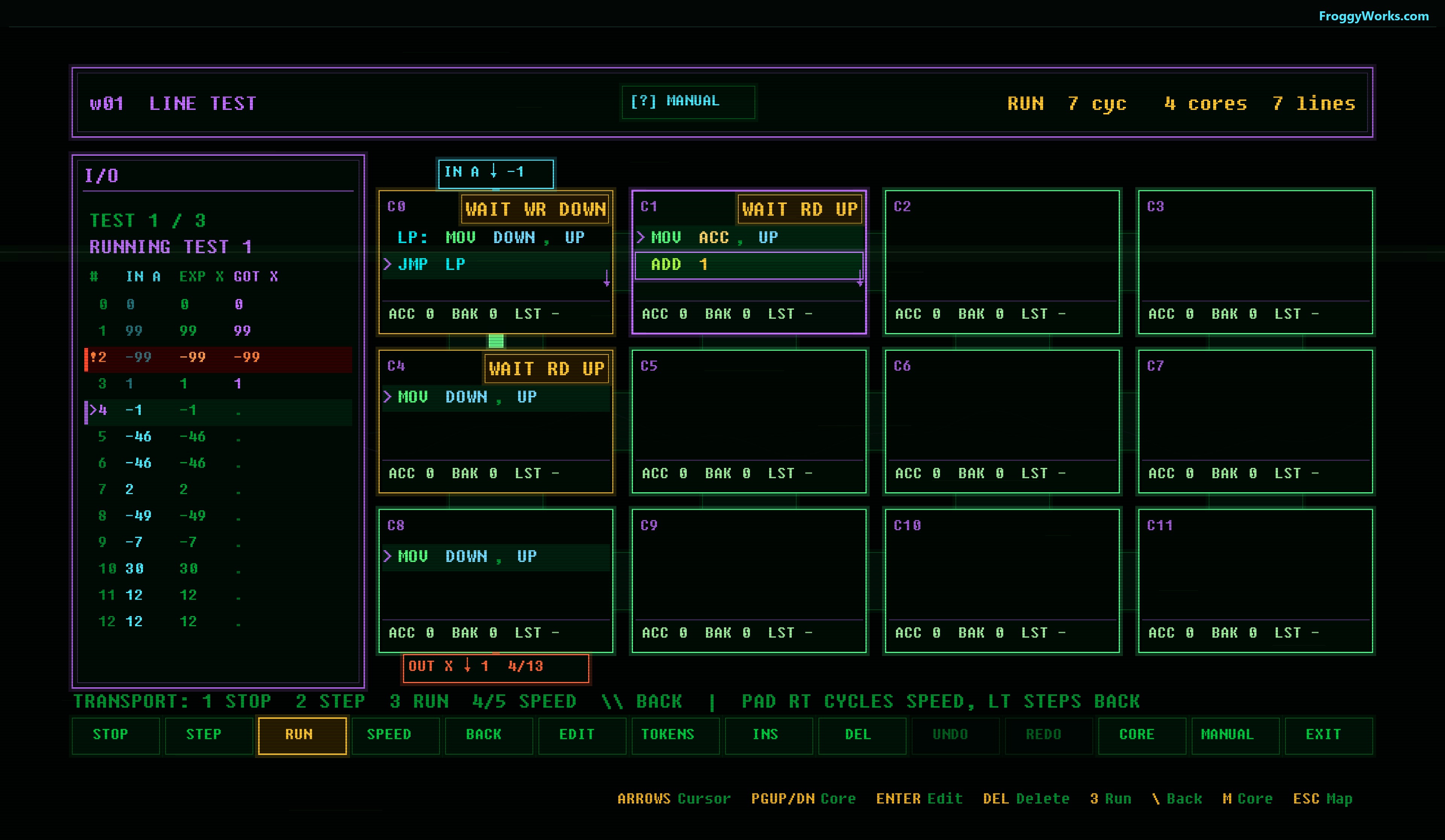 The WORM nine-core rack running a ticket with live ports and wait states
