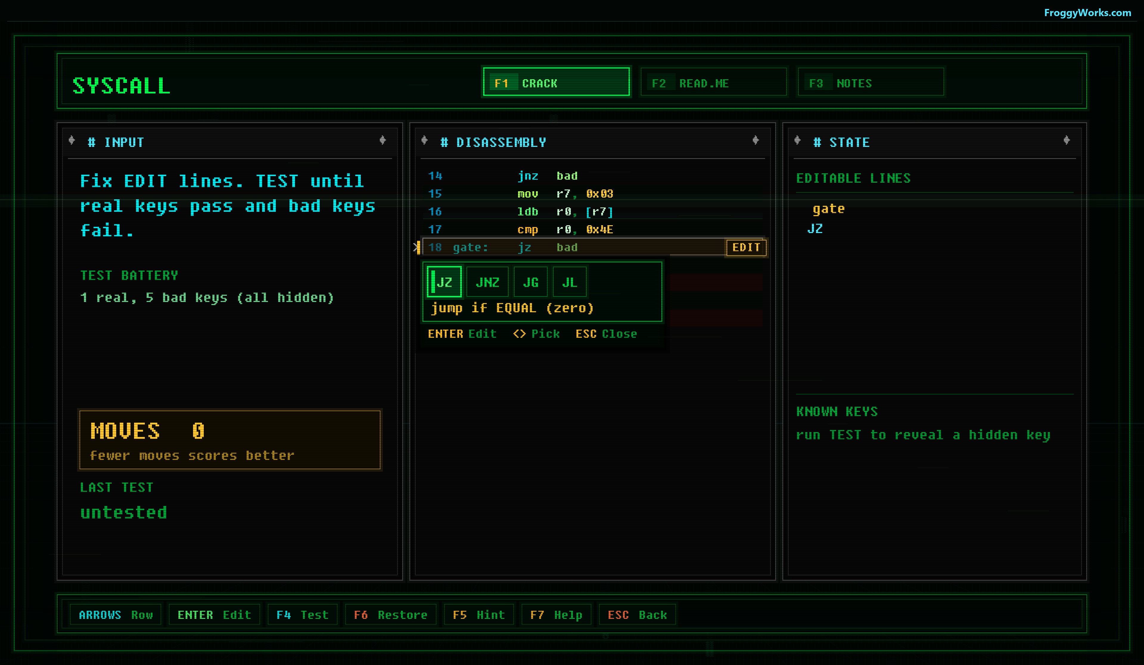 A PATCH job with its editable instruction slot, operation picker, move count, and test battery