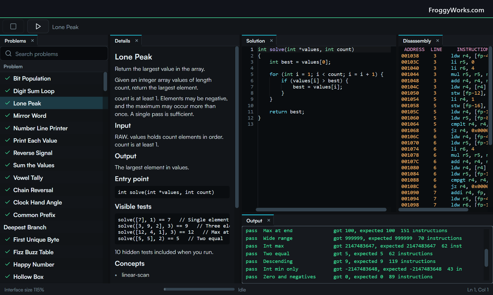 Algorithms Pro showing C beside source-synchronized disassembly and complete test results