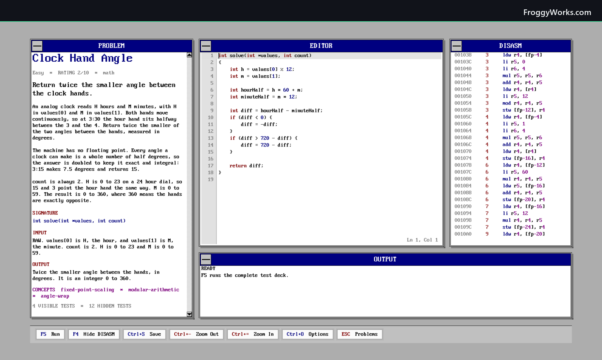 Algorithms Retro showing the Clock Hand Angle problem in its early Windows workbench