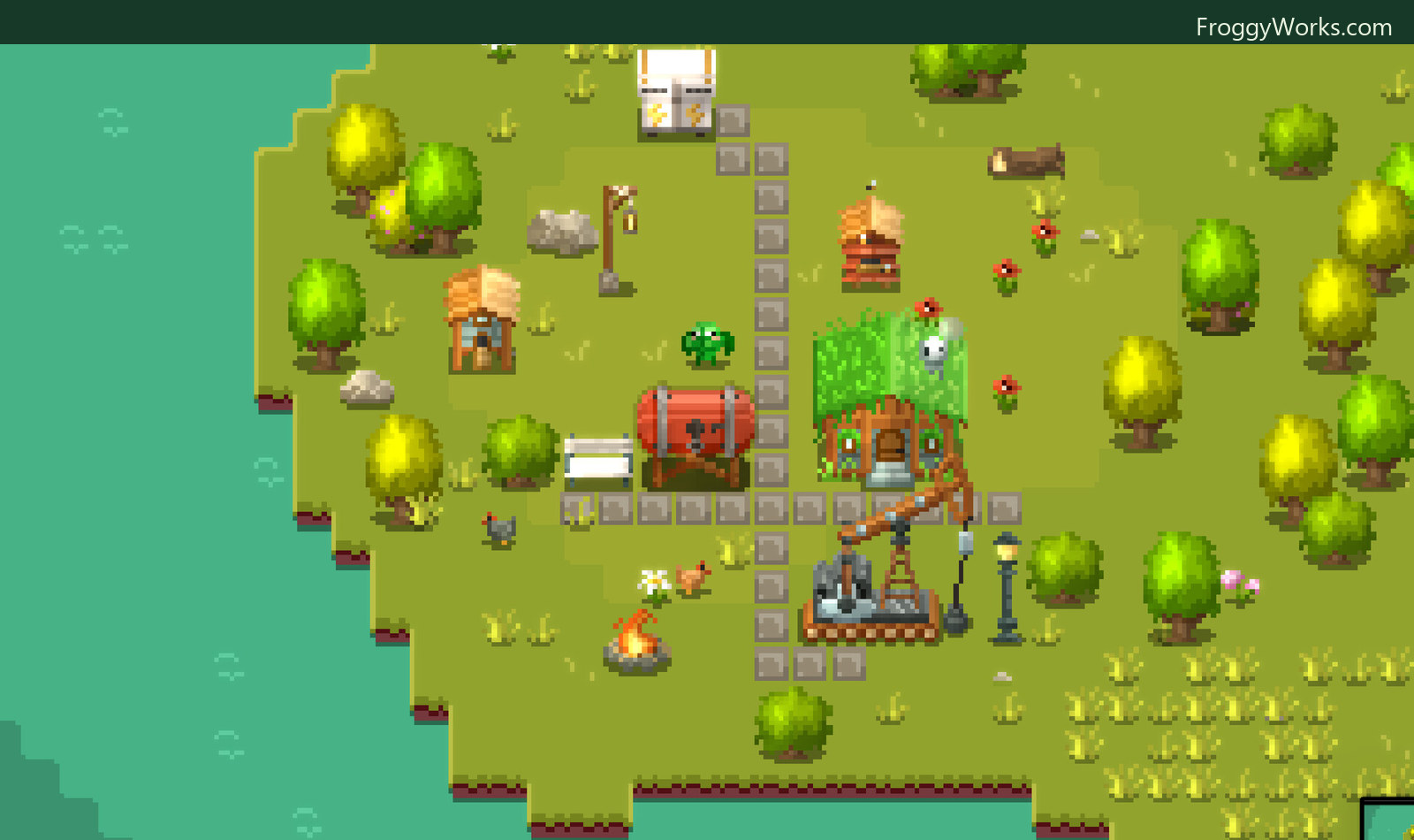 An established Froggy Works farm with a frog, paths, a house, machinery, lights, chickens, and a campfire