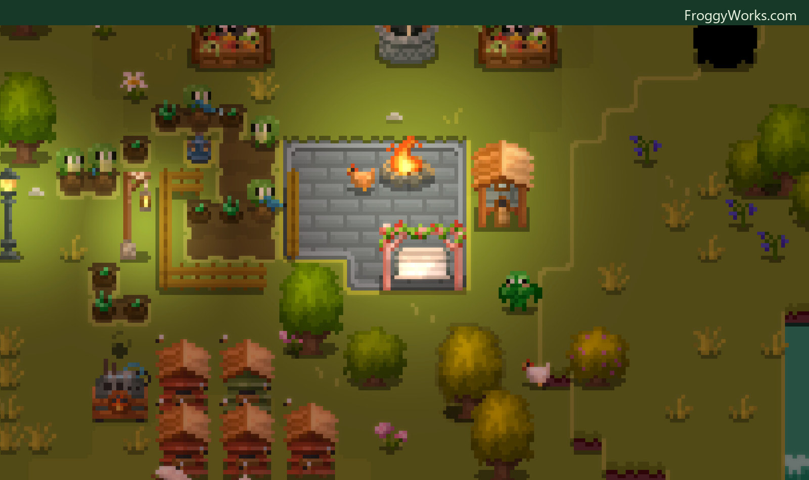 A Froggy Works farm at night with planted rows, a lit stone terrace, market stalls, homes, a chicken, and a frog