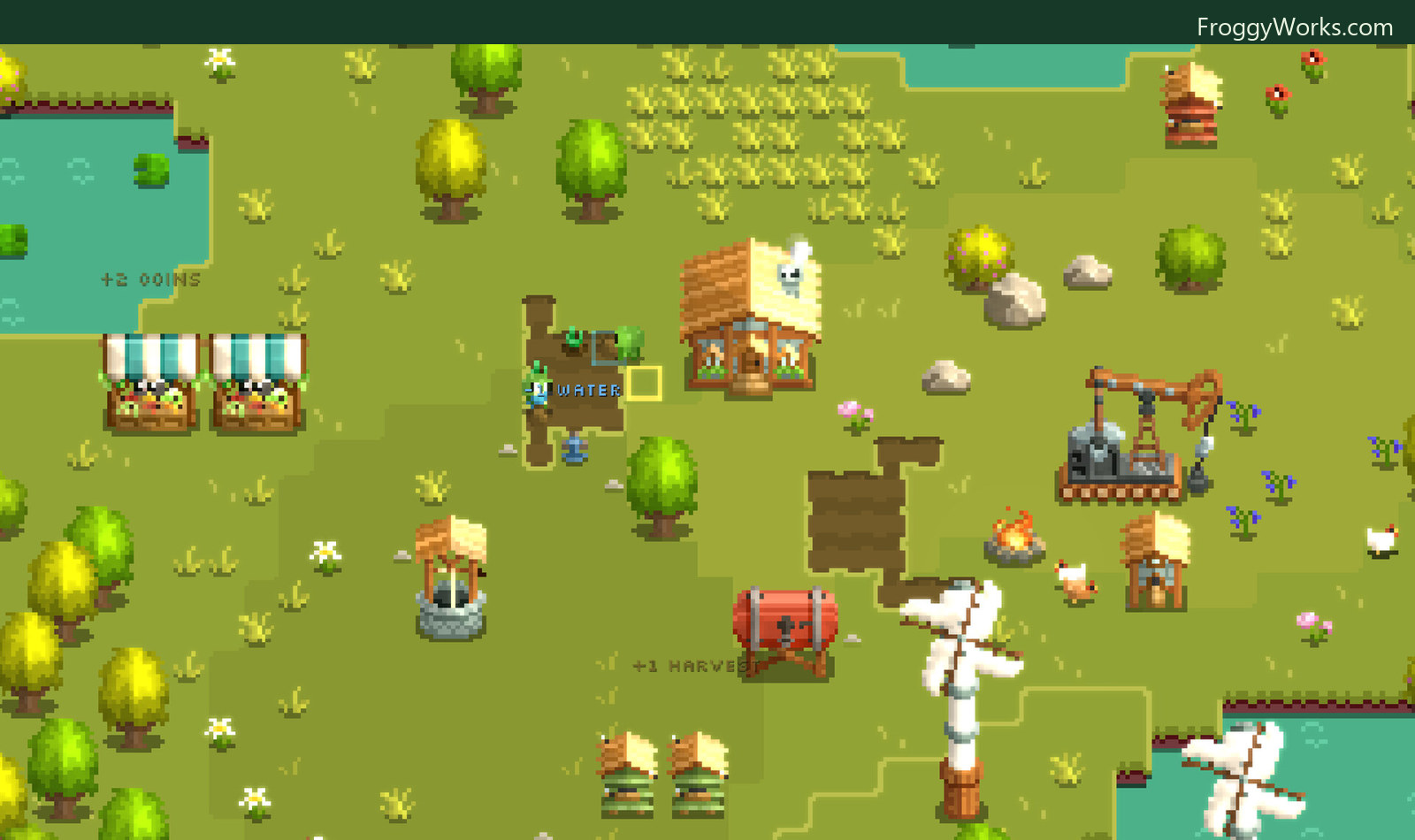 A working farm showing watering and harvest actions, market stalls, a well, a pump, wind turbines, chickens, and resource feedback