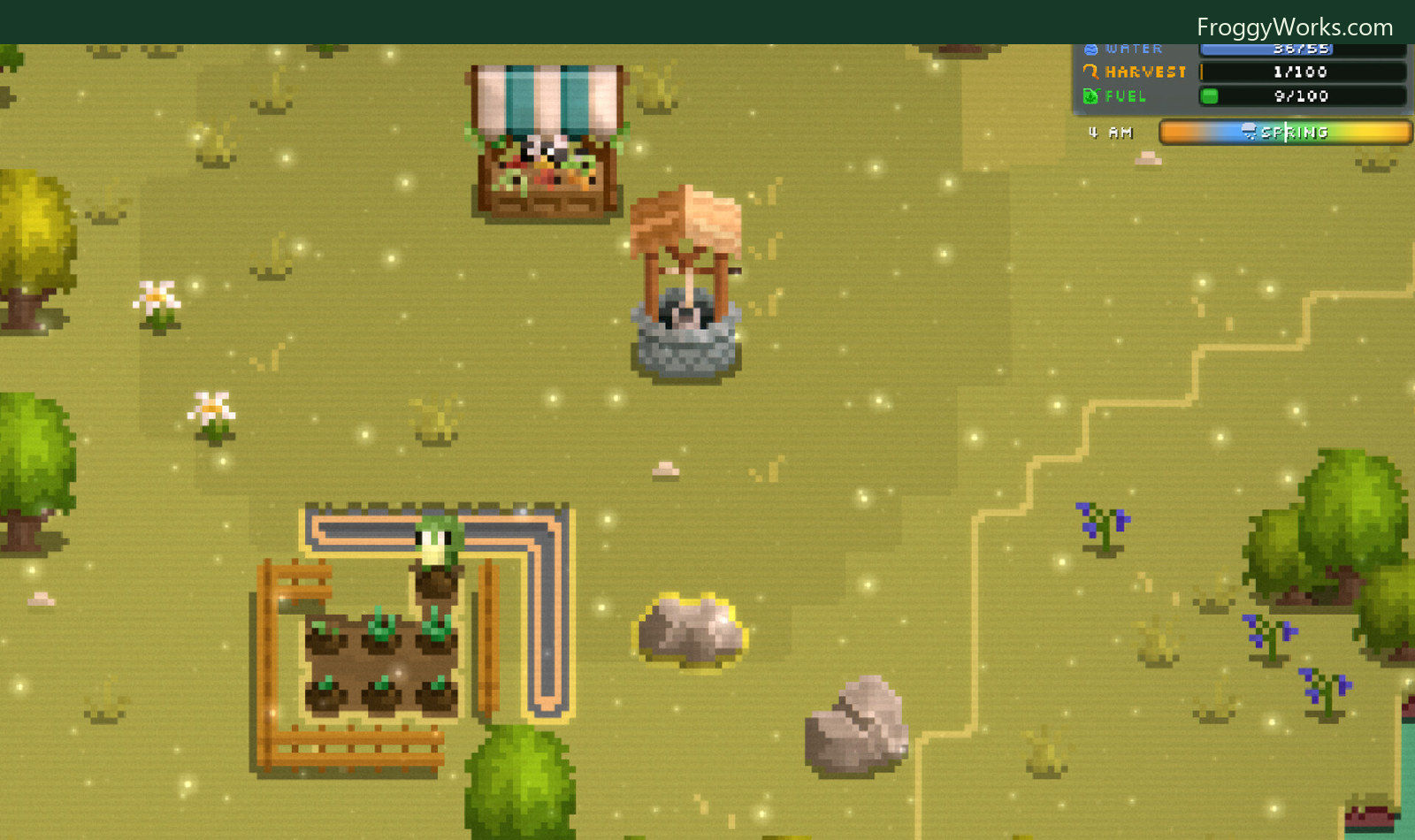 A small early farm with a well, market, irrigated crop plot, and the resource panel showing water, harvest, fuel, time, and season