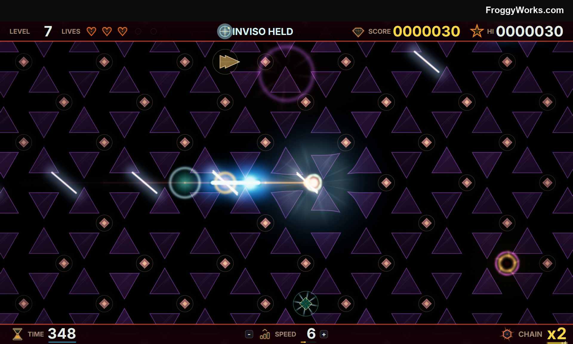 The player holding the INVISO shield while several sparks cross the board
