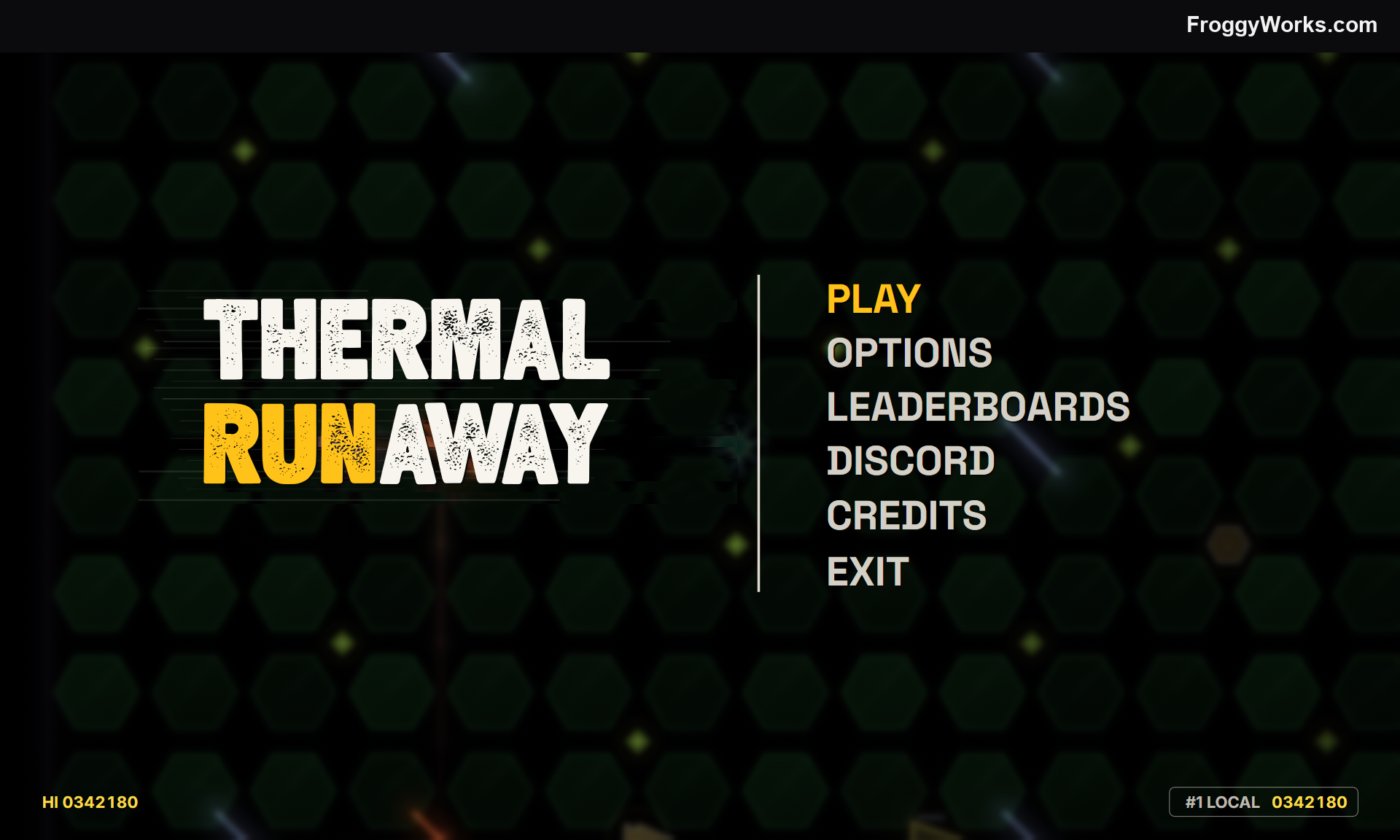 The Thermal Runaway title screen with its live circuit board attract mode